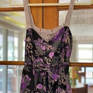 Free People black, tan & purple floral dress. Crochet back detail. Size 6.